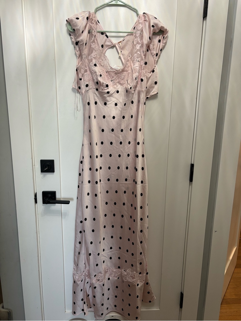 Free people Pink Polka Dot Satin Maxi Dress with Lace Trim